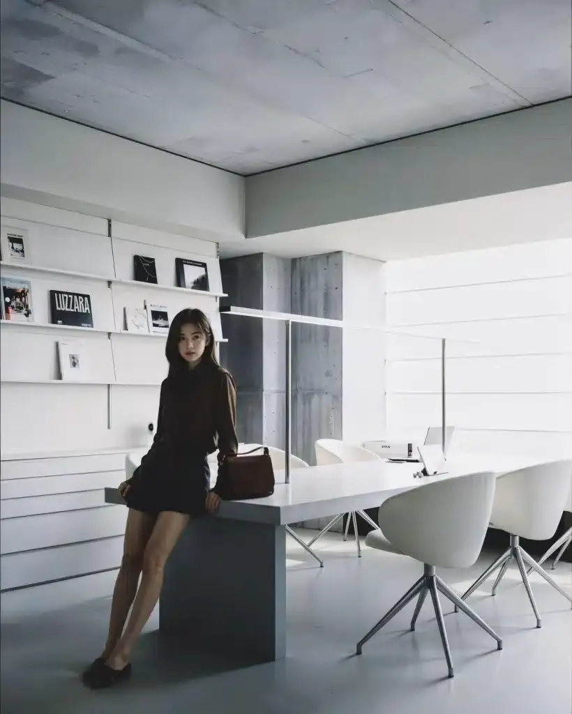 Young professional woman in a modern, minimalist Hong Kong office interior designed by Roky Design