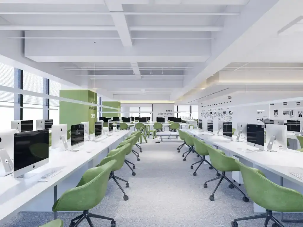 Open-plan office interior with iMac workstations and green chairs by Roky Design in Hong Kong.